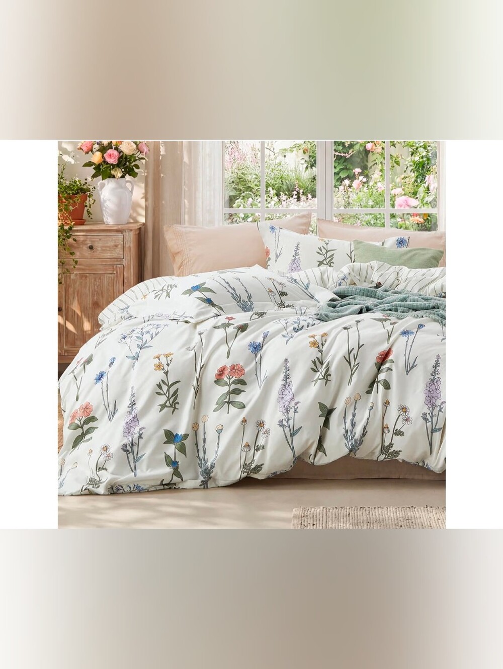 Floral Meadow And Reversible Stripes Printed Duvet Cover Queen Size New